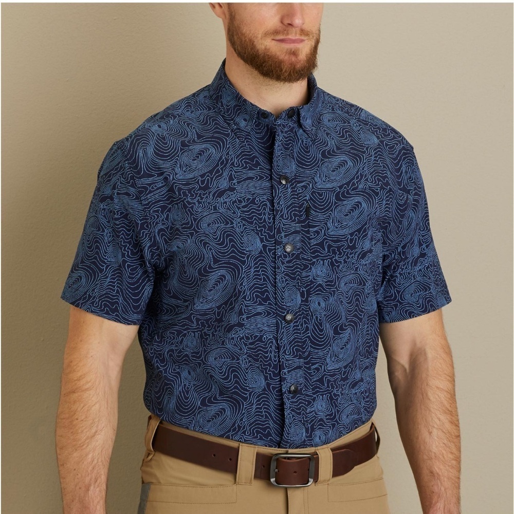 Alaskan Hardgear Sz XL Buttonfront Shirt Allover Print Blue EUC